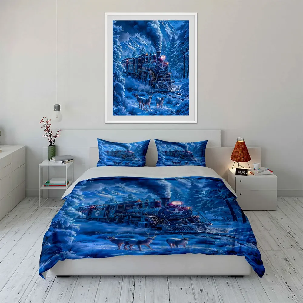 Snowy Train Winter Scenery Set Bedding Set with 1 Duvet Cover 2 Pillowcases Single Double King Queen, Gift