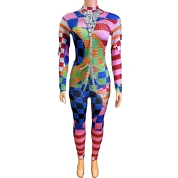 Rhinestone Colorful Joker Costume Jumpsuits For Women Stretch Groop Dance Singer Stage Wear Halloween Night Clubwear DJ DS Gogo