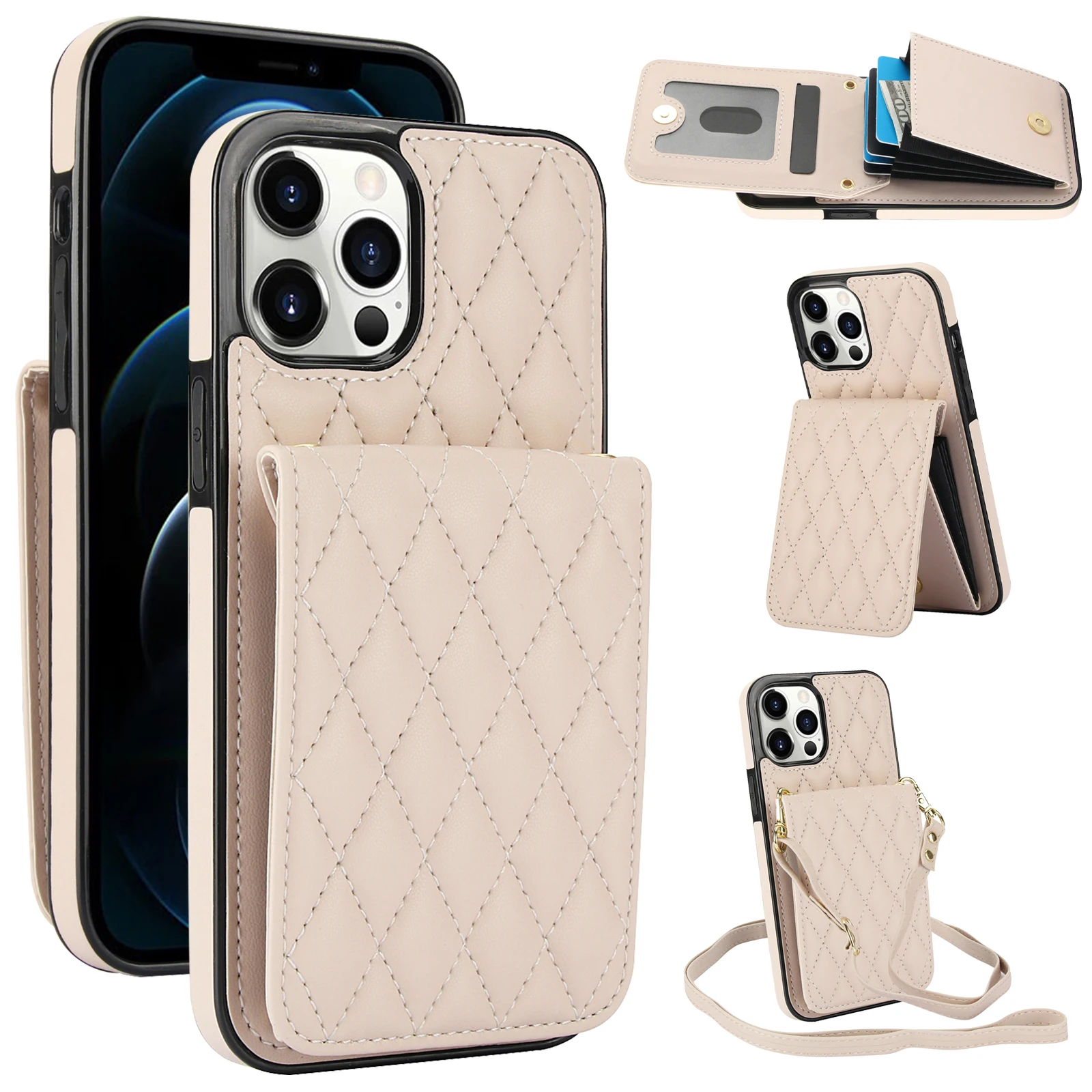 Crossbody Leather Card Holder Wallet Case, Shockproof RFID Blocking Kickstand Cover, For iPhone 15 Pro Max 14 13 12 11 X XS Max