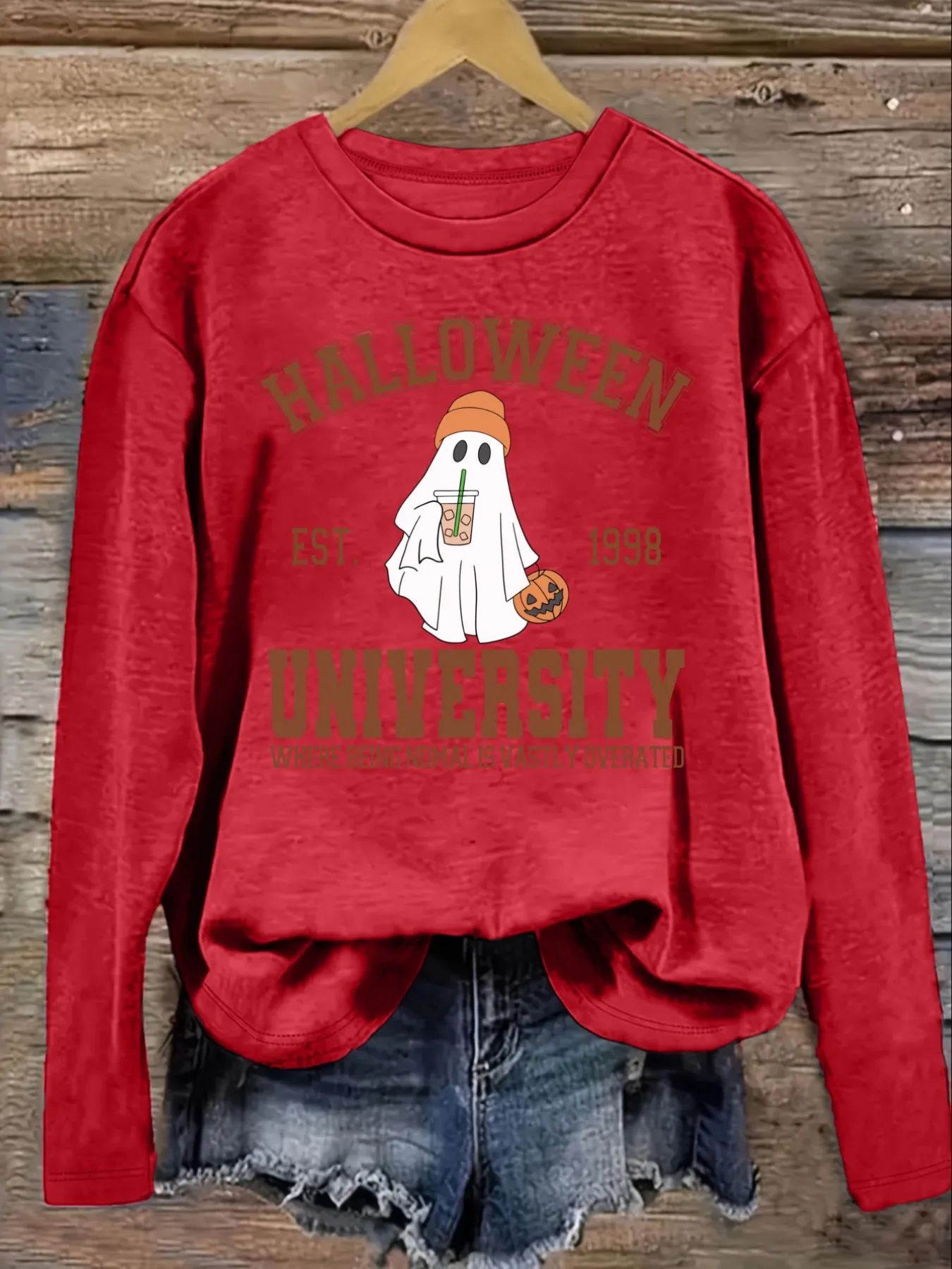 Women's Casual Long Sleeve Crew Neck T-Shirt Halloween University Ghost Print Design, Round Neck Women's Clothing, Machine Washable, Slightly Elastic, Loose Fit, Spring Autumn Winter Women's T-Shirt, Halloween Costume Outfit view 4