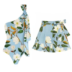 2026 New 2-Piece Retro Print Single Shoulder One-piece Swimsuit Women Slim Fit Swimsuit Beach Wear Skirt Cover Up Bathing Suit