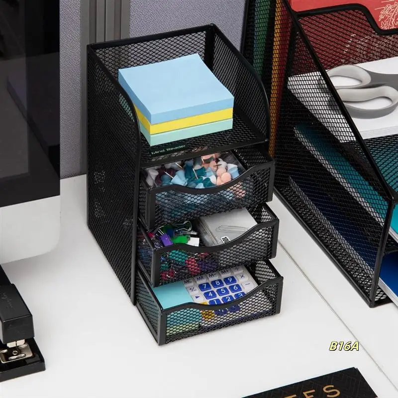 

Metal Mesh Office Organizer With Drawer For Desktop, Paper Binder Clip Basket Workspace Storage