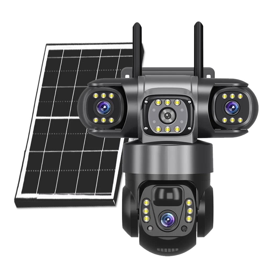 WLAN-Solarkameras mit 3 Linsen, 3 Überwachungswinkel, für den Außenbereich, Smart Home Sicherheitsschutz, HD-Nachtsicht, 360° PTZ, Fernbedienung, kabellos, Solarbetrieb, IP-Solarkameras, kabellose