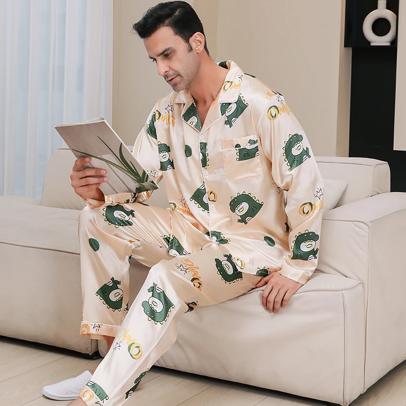 Men's pajamas long sleeves summer ice beautiful home clothes men's spring and autumn casual thin cardigan can wear out two suits