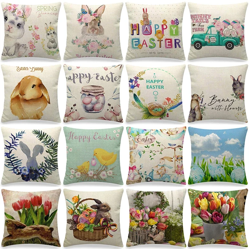 Easter Decor Pillow Covers 45x45cm Cartoon Bunny Eggs Printed Cushion Cover Spring Holiday Party Decorative Pillowcase for Couch