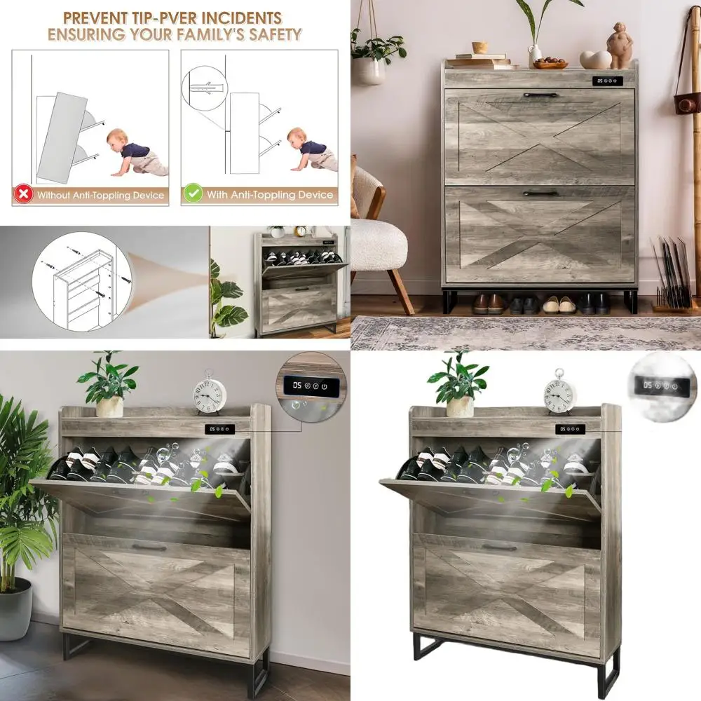 

Grey Shoe Storage Cabinet with Flip Drawers and Deodorizer for Entryway, 31.5W x 9.45D x 43.3H