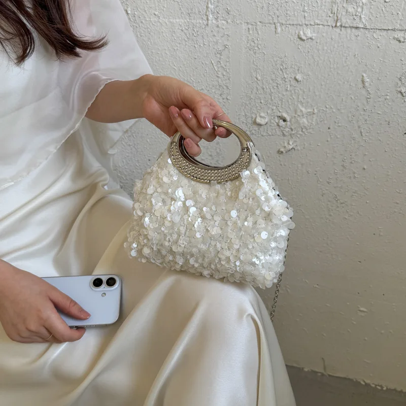 

Wood Top Handle Handbag ladies White Crystal Sequin Clutch Bag High Quality Women Wedding Hand Woven Vintage Chic Shoulder bag