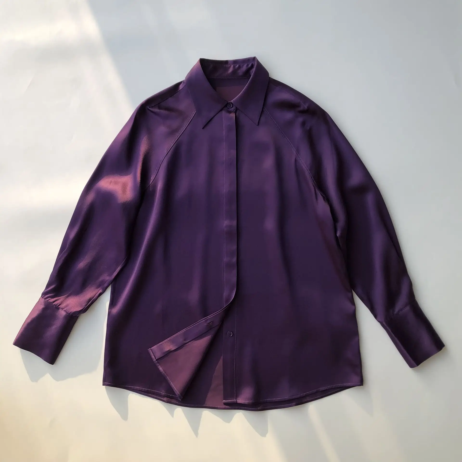 100% Heavy Silk Shirts And Blouses Noble Purple Women\'s Long Sleeve Lapel Casual Shirt Slim Fit Ladies Single-breasted Cardigan