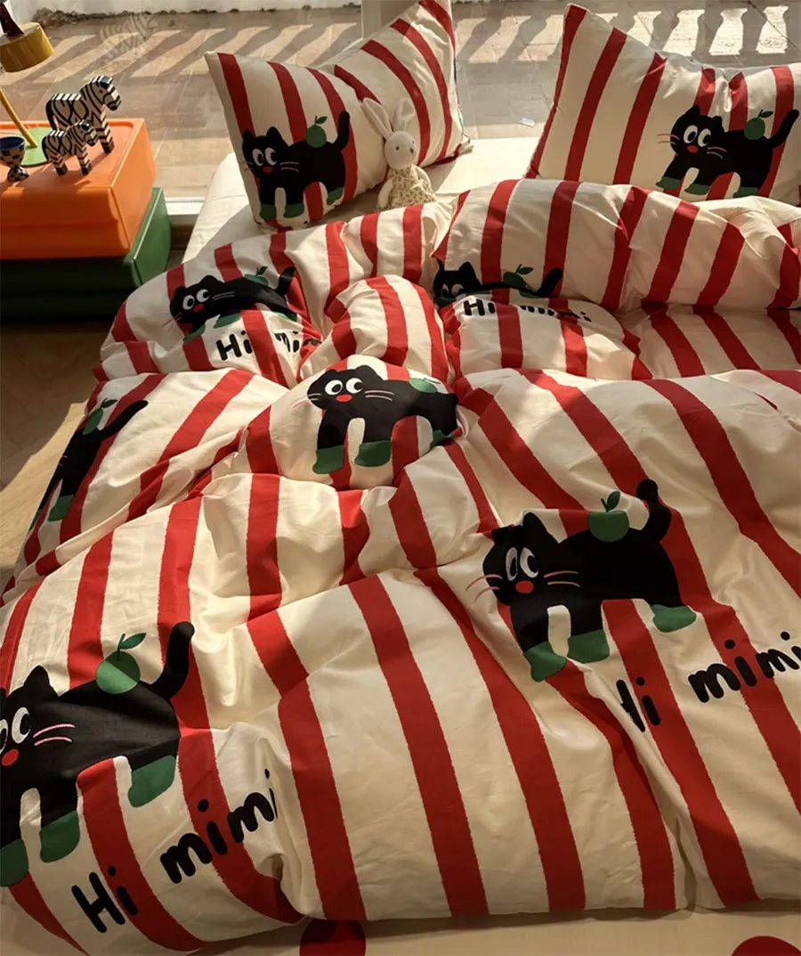 Cute cartoon cat red stripes bedding set teen child,twin full queen kawaii cotton home textile bed sheet pillow case quilt cover