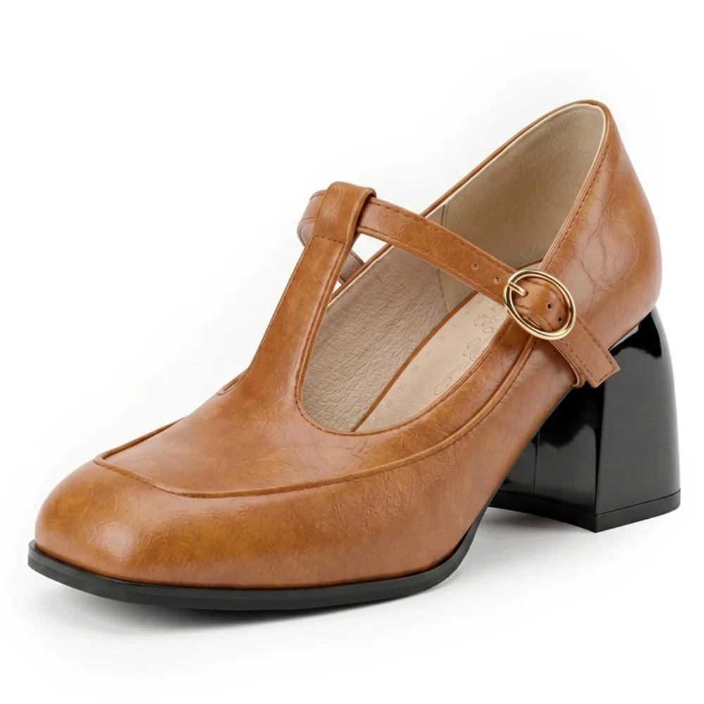 

Vintage Women T-Strap Mary Jane Heels Chunky Block Heel Round Toe Leather Pumps Black Brown Wine Red White Plus Size 33-50 T5-9