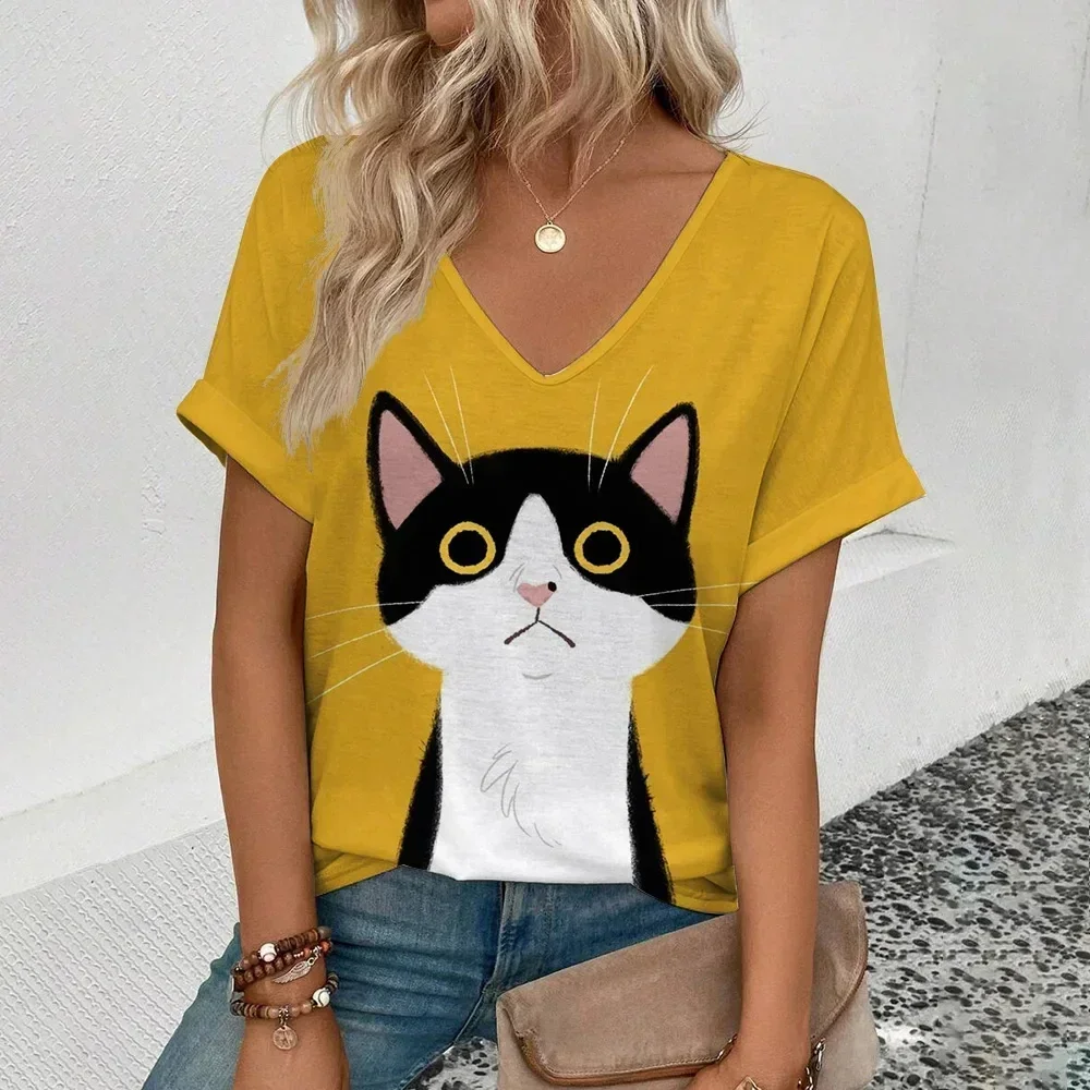 Camiseta feminina casual com estampa 3D, roupas americanas e européias, Amazon AliExpress, top de moda solto, novo, 2024