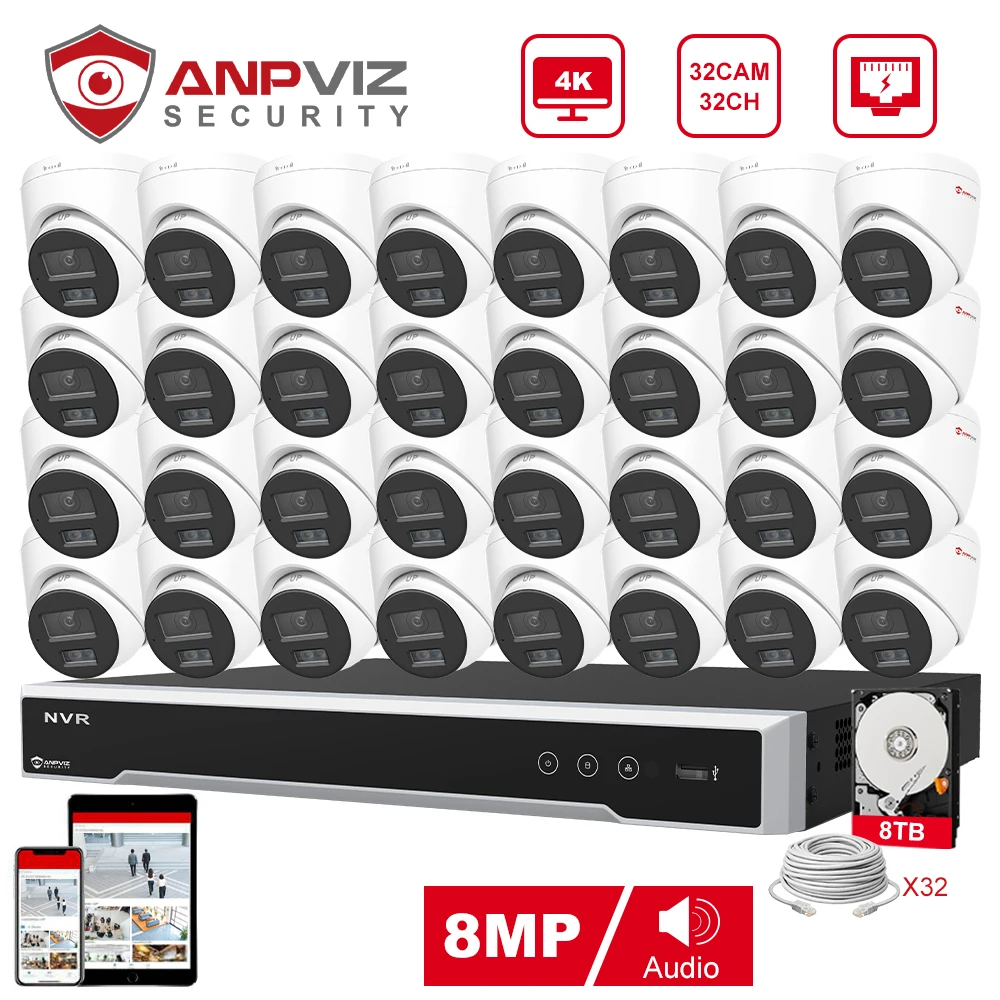 

Anpviz 32CH 4K NVR 8MP POE IP Customized Camera Plug&Play System CCTV Outdoor Security Surveillance Kit Remote View H.265 IR 30m