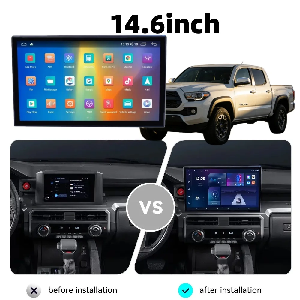 Rádio de Carro de 14.6\" para Toyota Tacoma 2023 2024 2025, Reprodutor de Vídeo Multimídia para Carro, Estéreo com Navegação GPS, Tela Carplay e Android Auto