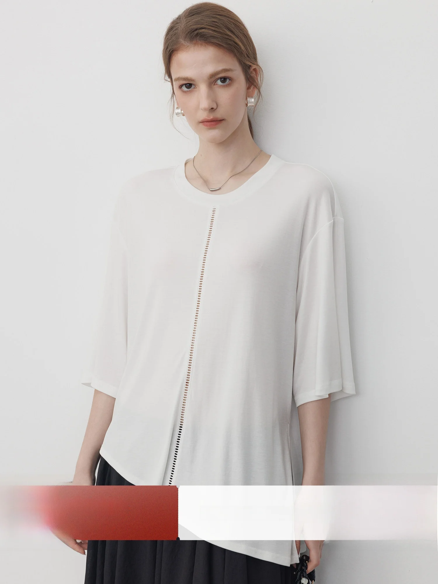

Summer New Women's round Neck T-Shirt Chicjre Laisai Mid-Sleeve White Irregular Design Casual Loose Fit Knitted Top
