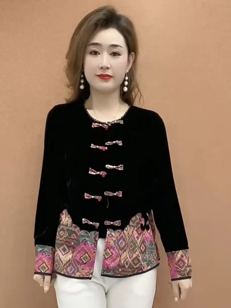 

New Chinese Sle Velvet Button ort Qipao Faionable Patchwork Materni Cardigan Women's Ele Splice Long Sve Coat