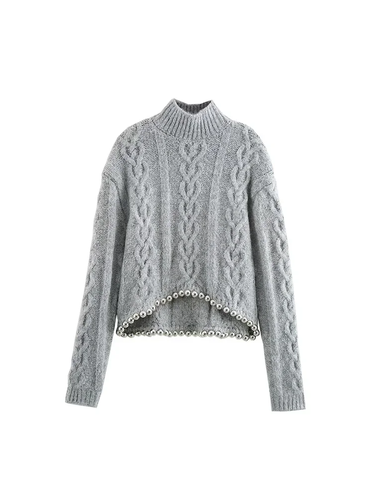 Willshela Women Fashion With Beading Grey Knitted Pullover Sweater Vintage High Neck Long Sleeves Female Chic Lady Tops