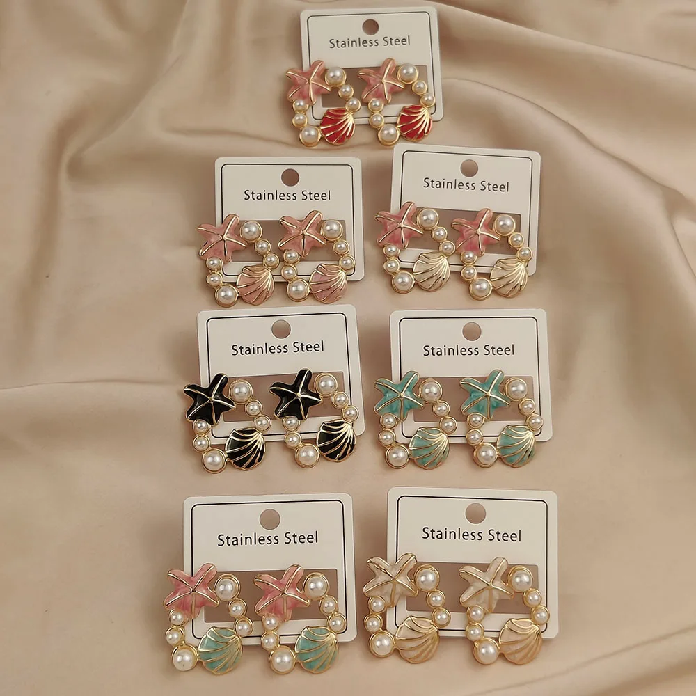 

New Starfish Pearl Shell Colorful Enamel 18K Gold Plated Women's Earrings, Waterproof and Fading Stainless Steel, Wife Gift