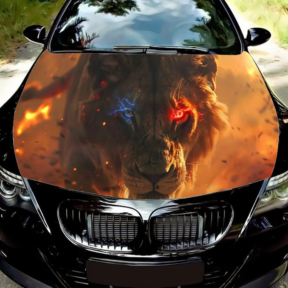 Cool Flame Lion w Red Eyes Car Hood Wrap Color Vinyl Sticker Truck Graphic Bonnet DIY Auto Accessories Decoration Decal Gift