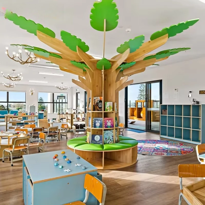 

Montessori kindergarten wooden bookcase furniture nursery library design preschool bookshelf children's reading area