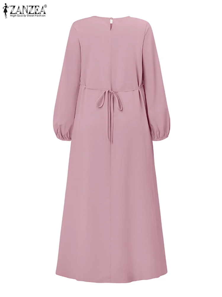 ZANZEA-Vestido largo informal musulmán para mujer, Abaya escalonada de manga larga con volantes, retales de encaje, Hijab islámico, batas elegantes 2024