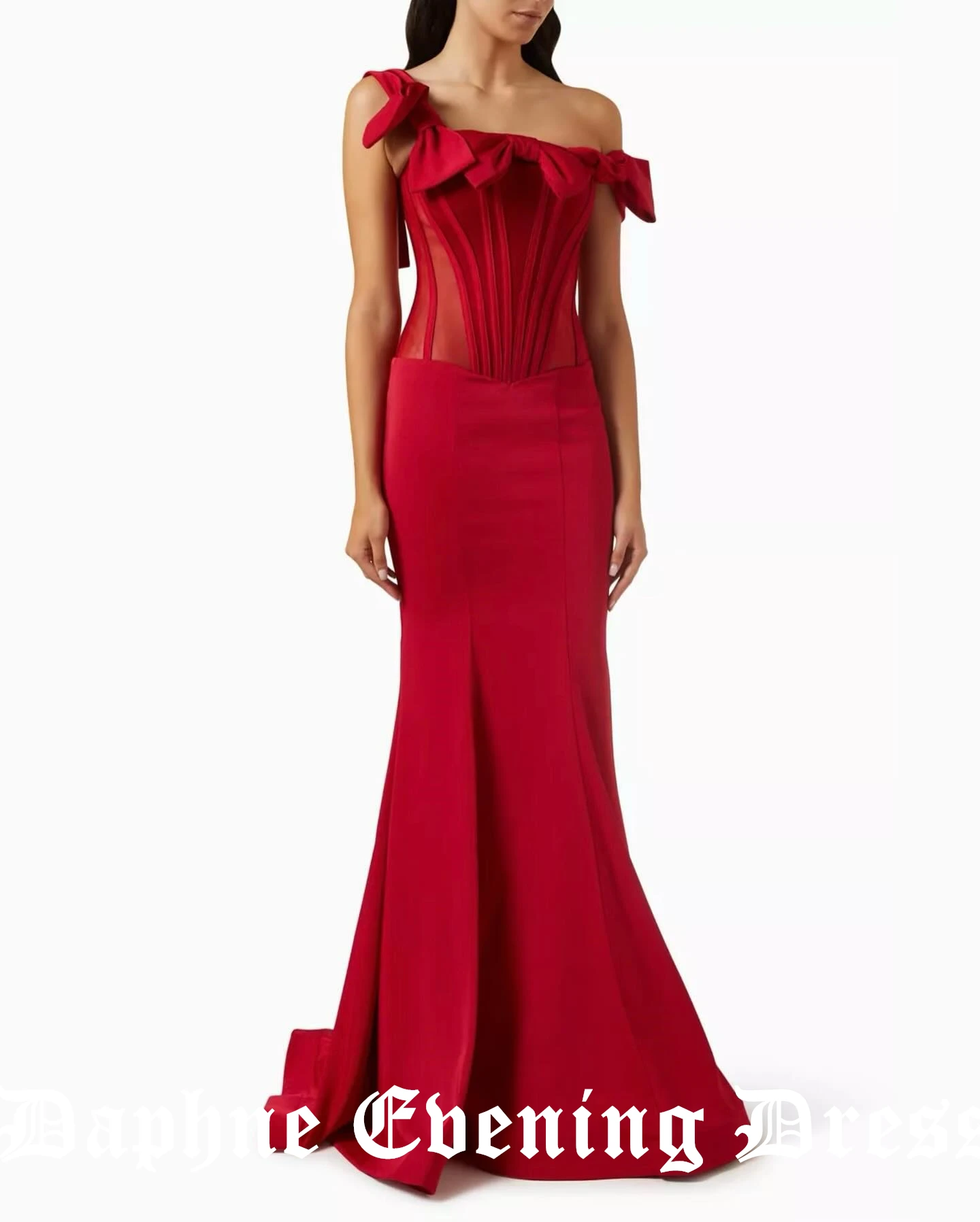 Customized Formal Red Bow Jersey Off the Shoulder Evening Dress Mermaid Sweep Train Zipper Back Sleeveless Strapless Party Gowns