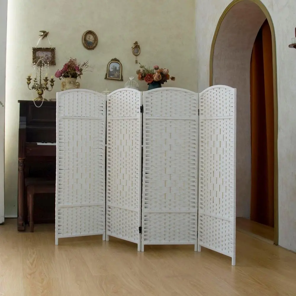 White 4 Panel Rattan Room Divider, 47.2 Inch Tall for Privacy in Home or Office