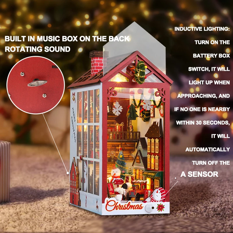 Soporte creativo para libros de Navidad en 3D, Kits de construcción ensamblados, modelo con luces, rompecabezas de madera, decoración de escritorio, juguetes, regalos para niños