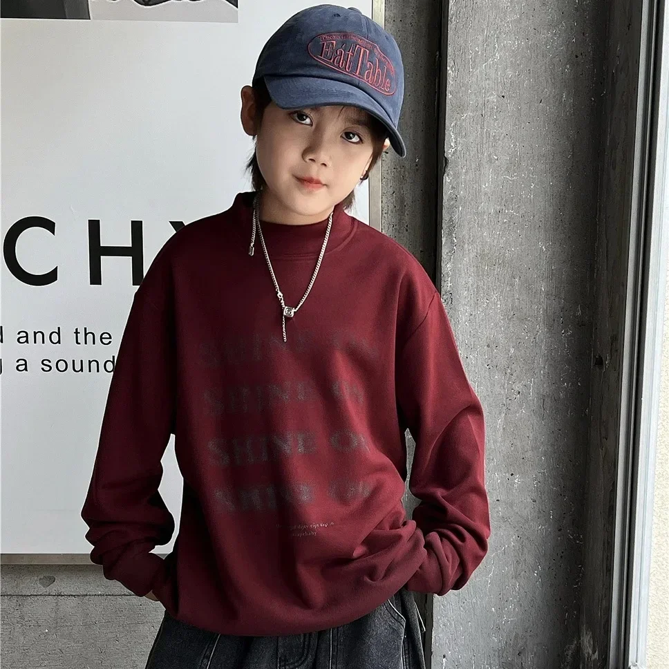 Children Clothing Fashion Personality All Match Letter Base Shirt 2024 Winter New Boys Girls Fleece Soft Comfortable Pullover