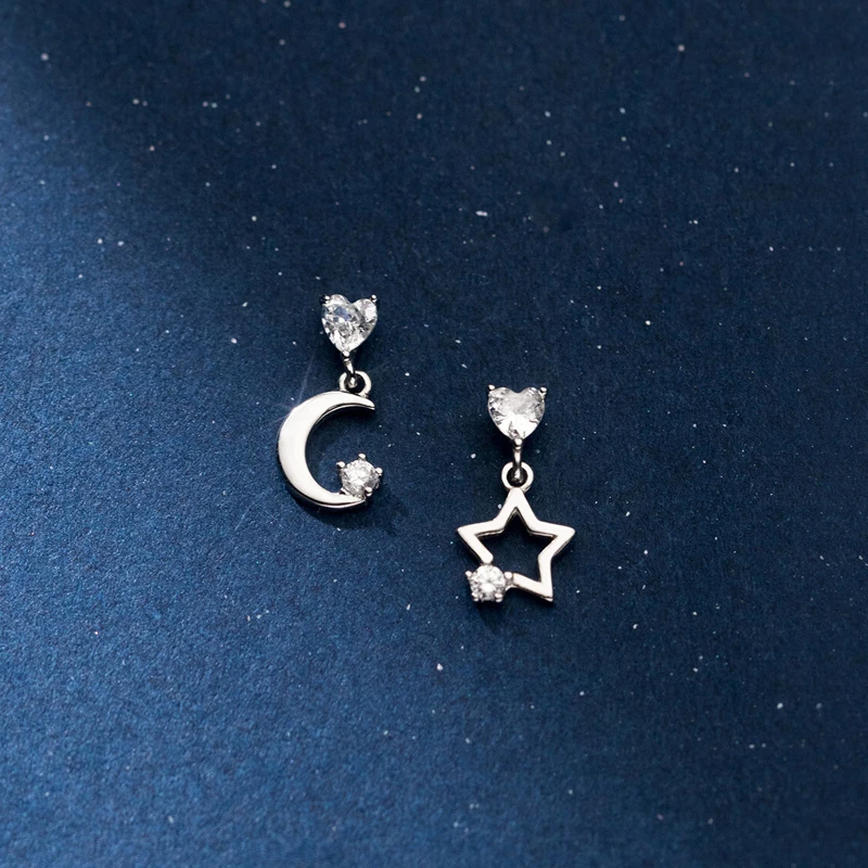 925 Sterling Silver Short Star And Moon Asymmetric Earrings Women's Hollow Quality CZ Zircon Heart Stud Earrings