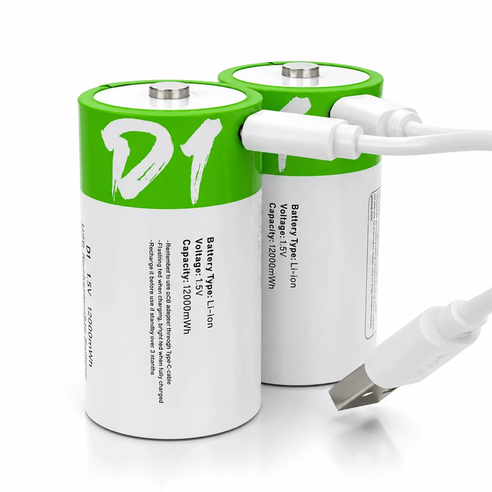 LR20 D1 Size Rechargeable Lithium 12000mWh Battery with 1.5V  Type-C Charging Cable, for Flashlight,Gas Stoves and Water Heaters