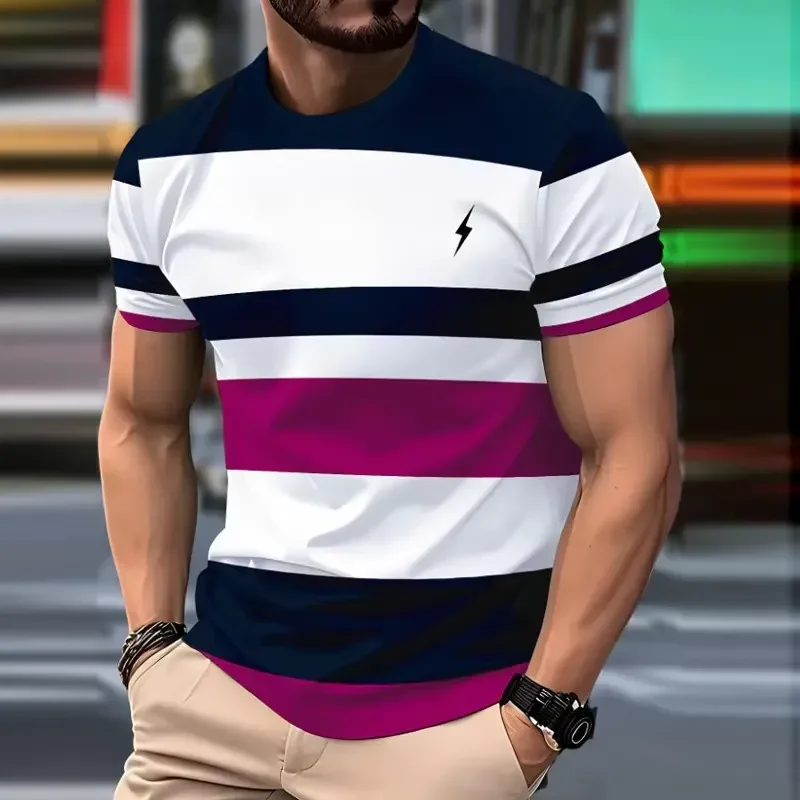 3D Digital Print Men Casual Round Neck T Shirt 2026 Romantic Striped Short Sleeve Top Lightning Logo Street Hip Hop Outdoor
