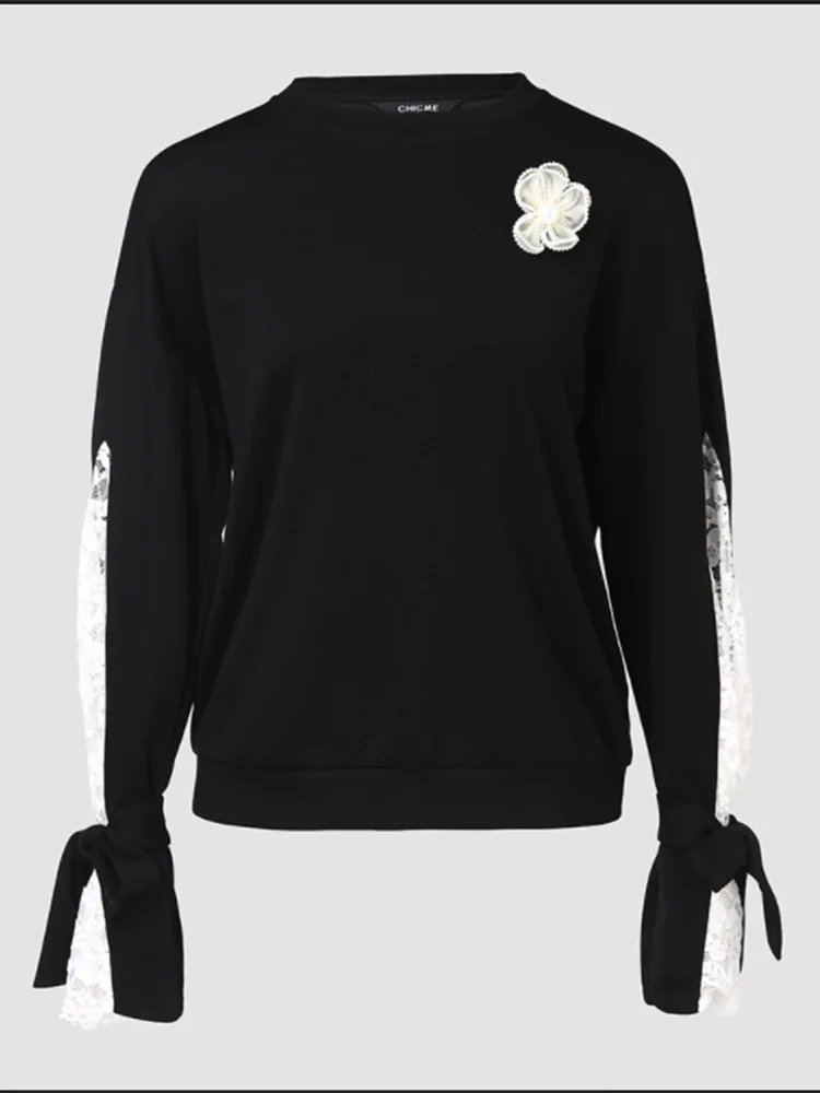 Autumn Splicing Lace Flare Long Sleeve Three Dimensional Flower Lace Up T-shirt High Street Daily Fashion Elegant Women\'s Top
