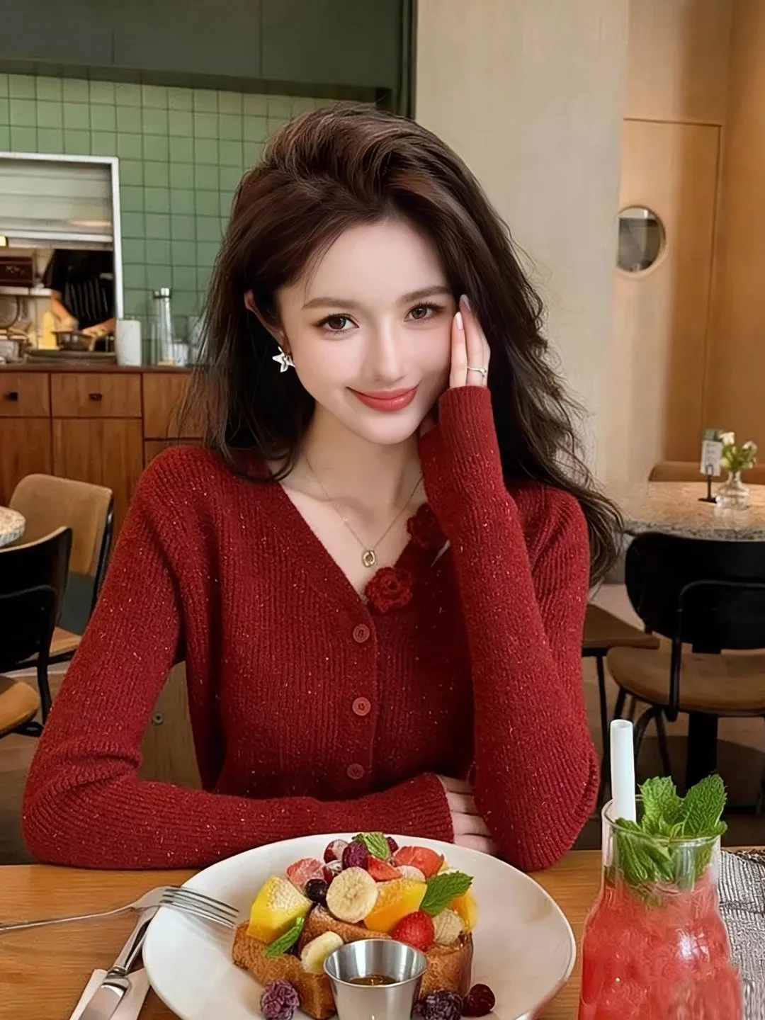 

Korean Sle V-Ne Sequin Knitwear Women's 3D Flower Red Button Open Cardigan High-End Versatile Top for Autumn Winter