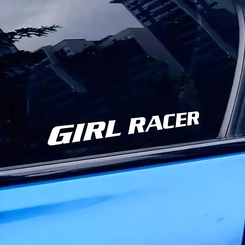 

2D Flat "Girl Racer" Waterproof Vinyl Sticker, White Pink Holographic Decal for Car Body Window Female Racing Style