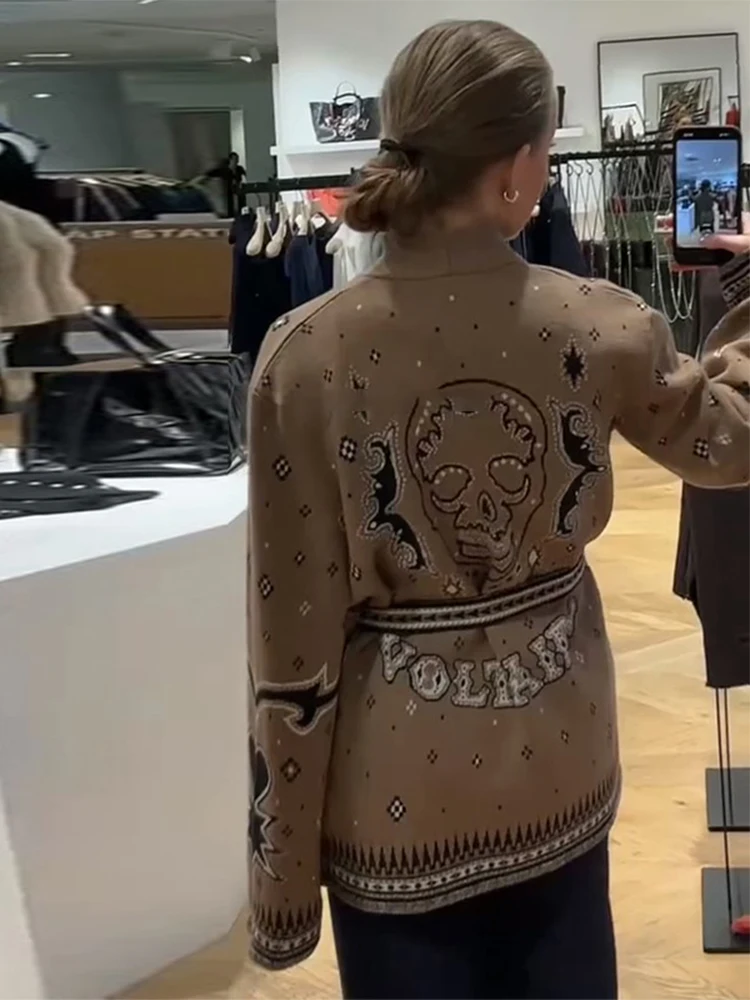 طباعة محبوك شرابة سترة طويلة المرأة الخامس الرقبة كم كامل الدانتيل يصل سترة الخريف أنيقة الإناث اليومية ملابس خارجية غير رسمية #4