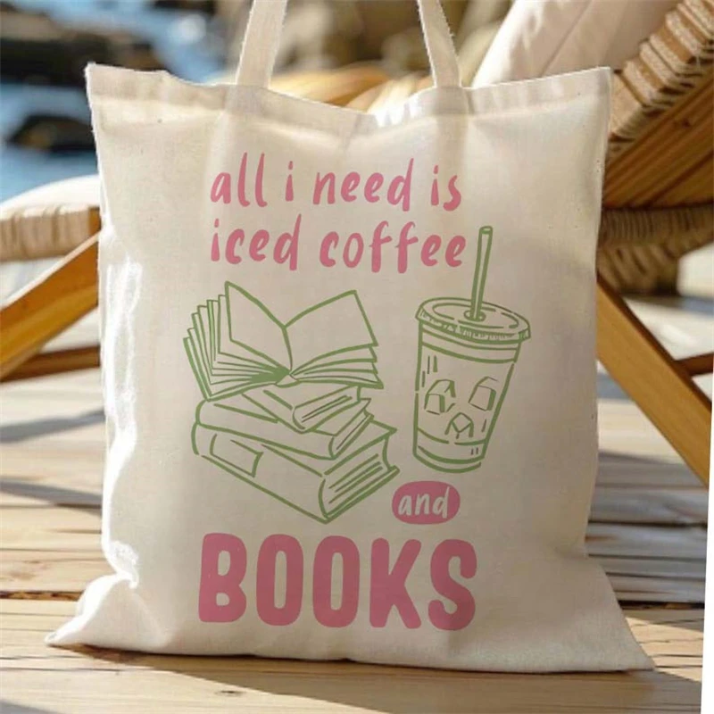 Coffee Books Club Pattern Cartoon Shopping Bag Cute Style Reusable Student Casual Ladies Sweet Trendy Style Canvas Bag Handbag