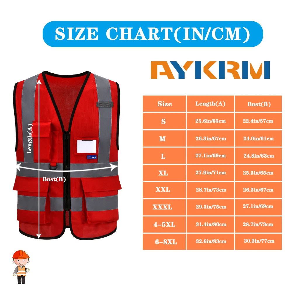 AYKRM 21 Colour （XS-8XL) Hi Vis Viz High Visibility Reflective Zip Pocket Security Waistcoats Jacket Workwear Vests