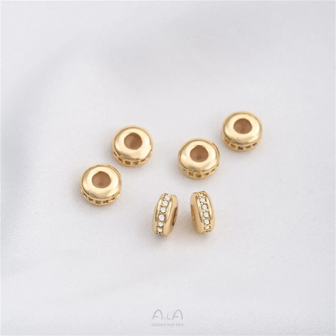 1 tapón de piedra de circonio recubierto de oro de 14K, cuenta de ajuste de silicona, espaciador de posicionamiento, rueda, cuenta plana, accesorio de cadena