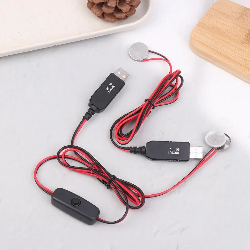 USB To 3V CR2032 Fake Battery Charger Cord With Switches Power Supply Cable For Watch Microphone Toy Remote