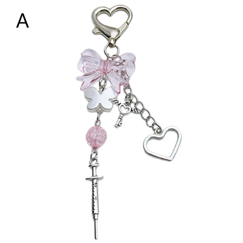 Trendy Heart Keychain with Butterfly Bowknot Detail Exquisite Keyring Charm C1FC