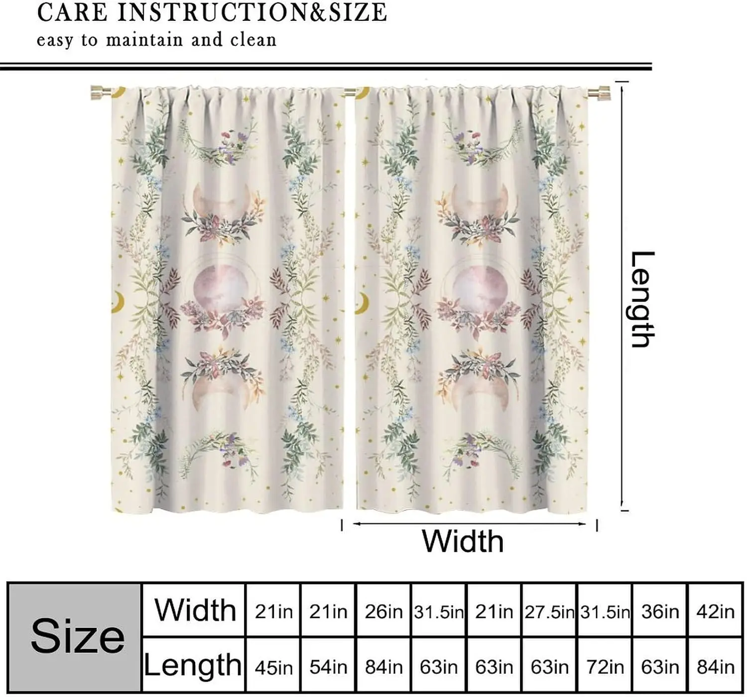 Vintage Lunar Floral Curtain Beige Watercolor Vine Flower Moon Star Boho Minimalist Light Blocking Drape For Villa Dorm Resort