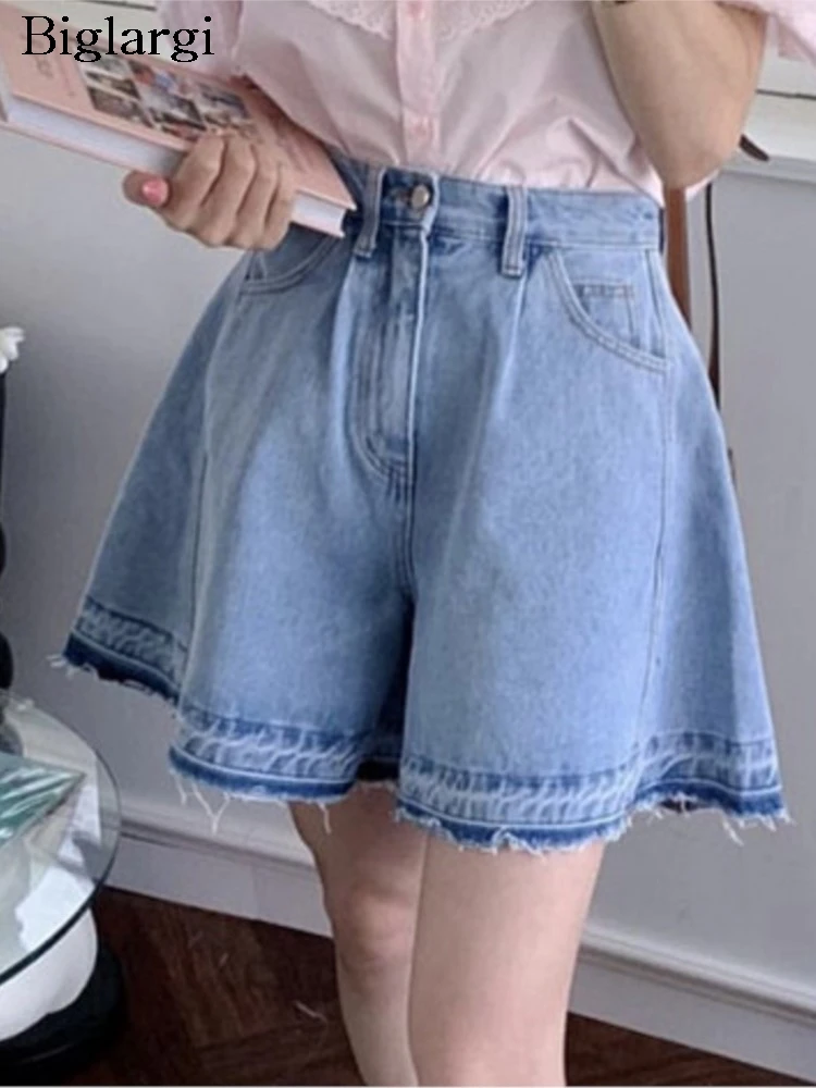 

Jeans Summer Mini Wide Leg Shorts Women High Waist Fashion Casual Ladies Trousers Korean Style Ruffle Pleated Loose Woman Shorts