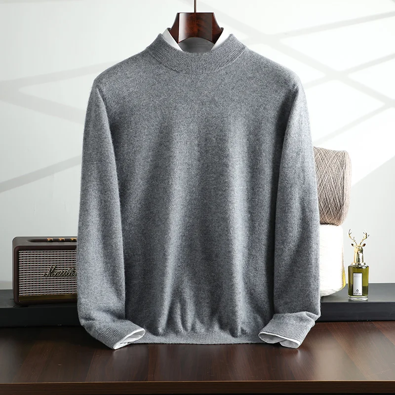 New {100% Cashmere} Men\'s Cashmere Hot Selling Half High Collar Casual Solid Color Knitted Sweater for Men