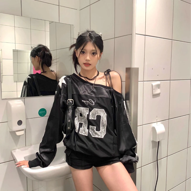 Y2k Ästhetische Spitze Brief Hoodie Frauen Skew Kragen Spitze Up Streetwear Hoody Harajuku Vintage Übergroßen Streifen Langarm Tops