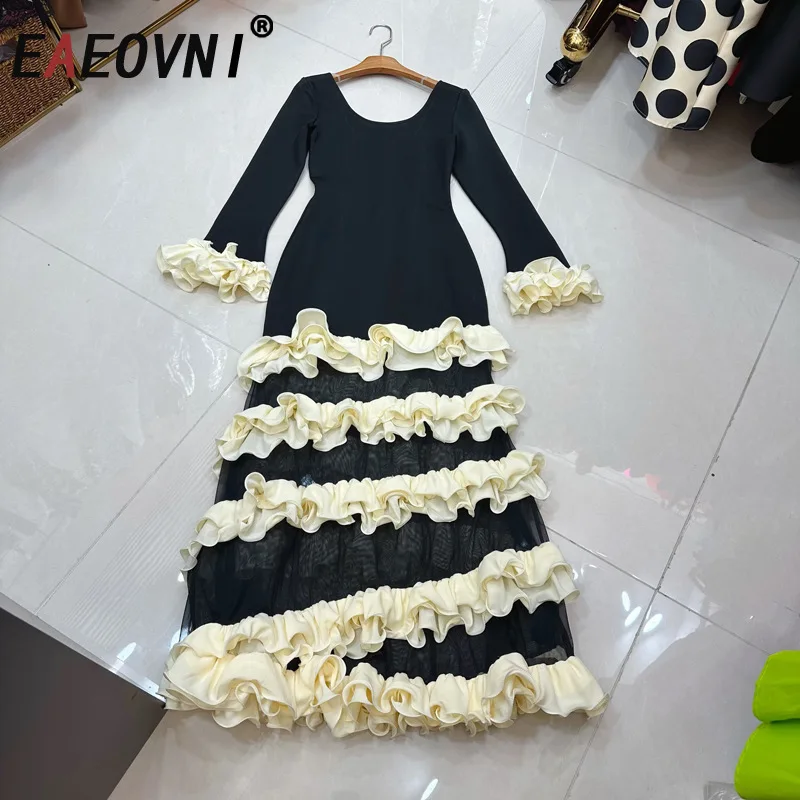 

EAEOVNI Elegant Ruffles Patchwork Long Dress For Women Contrast Color Design High Waist Evening Party Dresses Luxury 2026 New