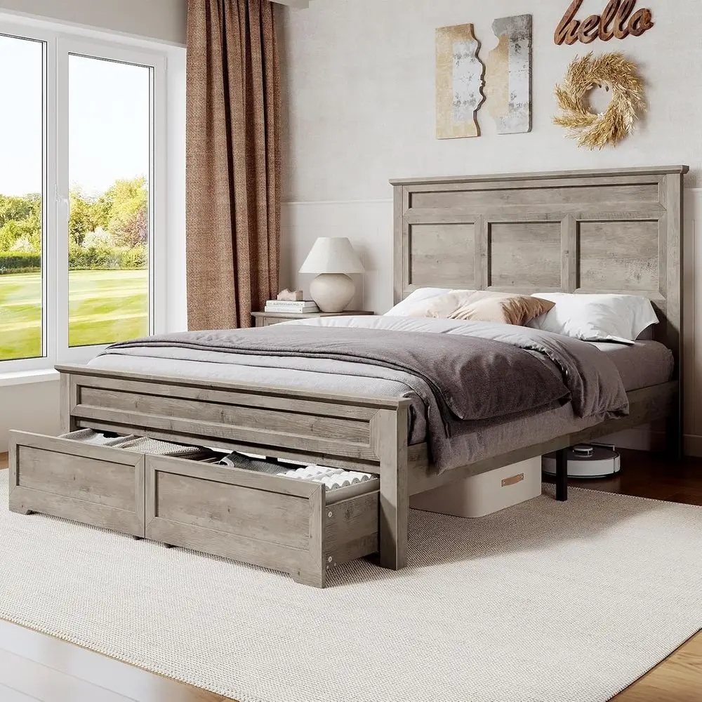 

Двуспальная кровать-платформа из дерева с изголовьем высотой 51,2 дюйма, большими выдвижными ящиками для хранения, без скрипа, не требует пружинного блока, отделка цвета серый меланж