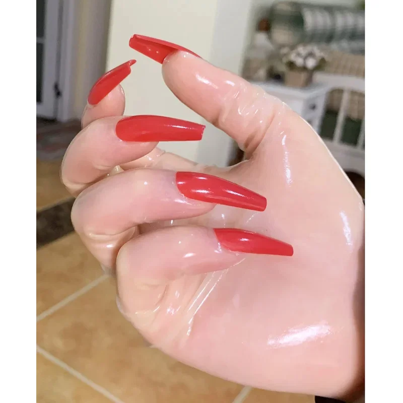 Crossdress Мужской Женский Масло Блестящие Прозрачные Супер Тонкие Латексные Зентаи Длинные Красные Плоские Ногти Фетиш Прозрачные Косплей Перчатки Кигуруми