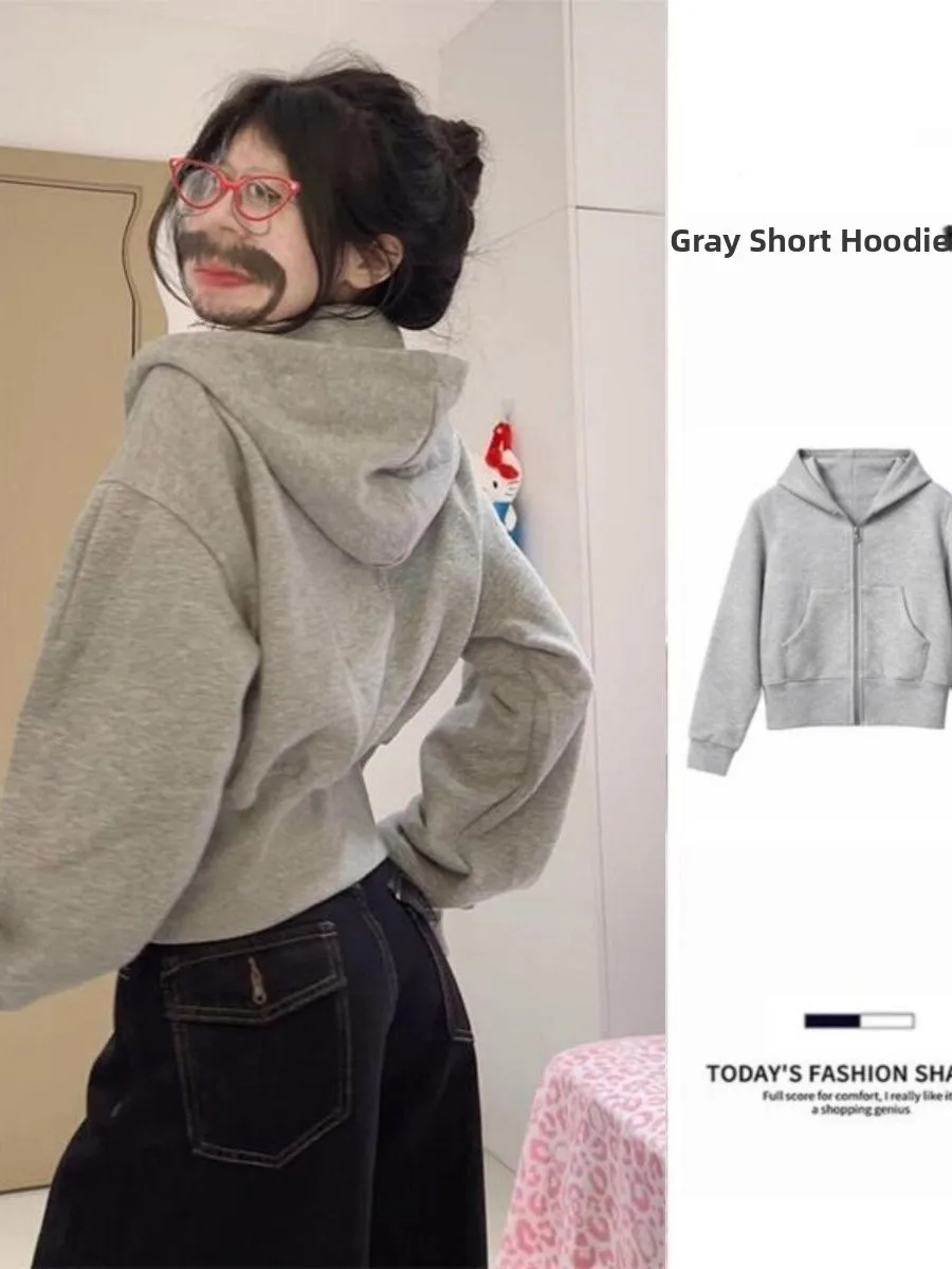 Gray Thickened Fleece-lined Slim-fit Hoodie Cardigan Women's Spring Autumn Short Coat Jacket Breathable Zipper Design Casual ...