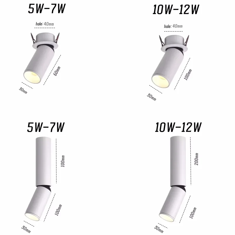 Holofotes embutidos COB reguláveis, Holofotes de teto, Anti-Brilho, Iluminação Interior, Foco ajustável, Rotação de 360 °, 12-50 °, AC 85-265V, 5W, 7W, 12W