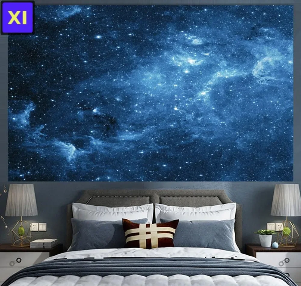 Blue Galaxy Nebula Tapestry, Starry Night Sky Wall Hanging, Cosmic Space Decor for Bedroom Dorm Ceiling Background
